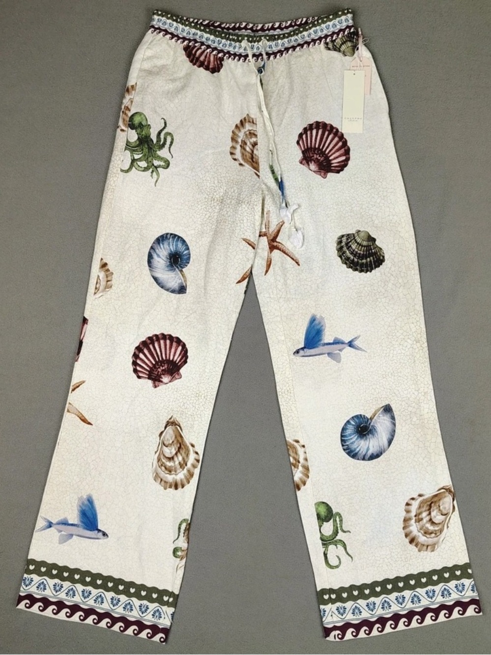 Calypso St. Barth Seashell-Print Wide-Leg Pants in Cream and Blue